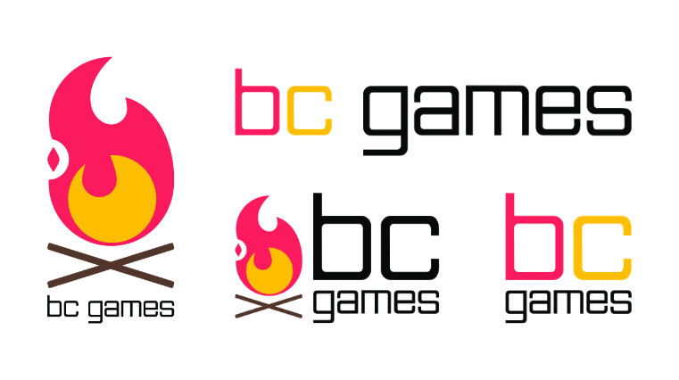 A series of logos, one with an icon of a campfire, and the others in varying layouts and colours of the name 'bc games'.