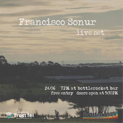 Instagram post advertising Fransisco Sonor. the type is typewriter style over a grainy vintage photo of the countryside.