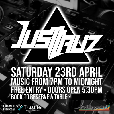 Instagram post advertising DJ Just Cauz, featuring bold black and white graphics over a black and white photo of a dj deck.