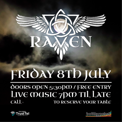 Instagram post advertising the singer Raven. Logo is celtic style and the background is a moon on a cloudy night.