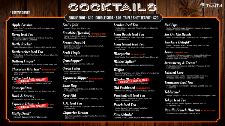TV menu for Bottlerocket Bar & Cafe, showing a wide range of cocktail options.