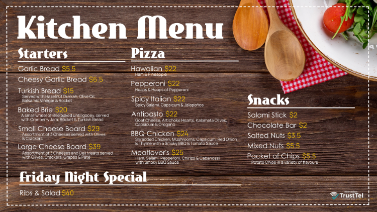 TV menu for the kitchen, showing food and snack options.