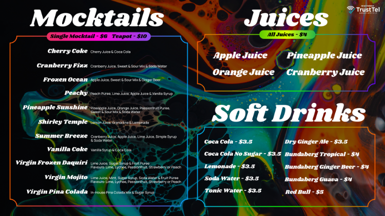 TV Menu advertising mocktails with a splash of colour.