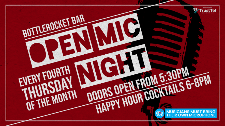 TV Poster advertising open mic night with bold text and graphics.