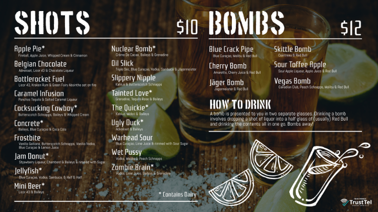TV menu showing options for shots and 'bombs' as well as instructions for how to drink bombs.