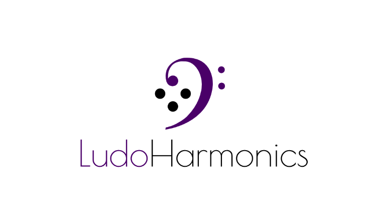 A logo blending a bass clef with the four circlular buttons found on most game controllers, with the name 'ludoharmonics' below.