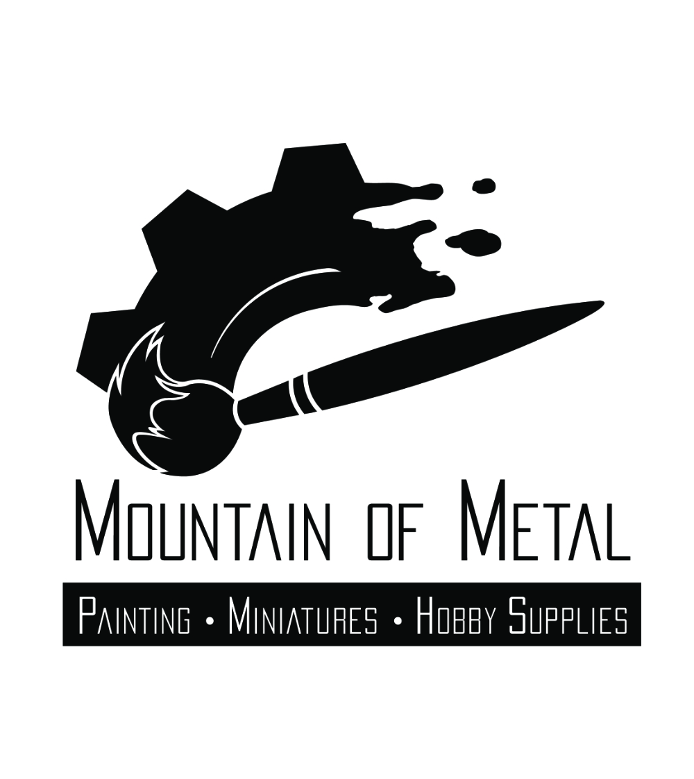 A logo of a paintbrush painting a curved line, which turns into a segment of a gear, above the words 'Mountain of Metal Painting Miniatures Hobby Supplies