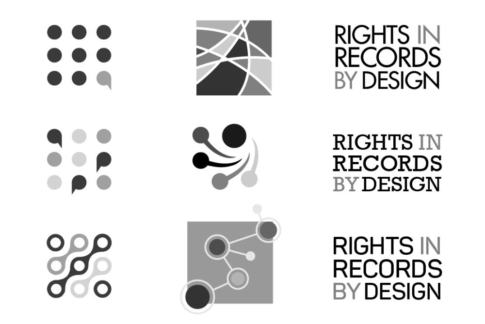 Greyscale logo concepts combining abstract shapes and lines; type reading 'Rights in Records by Design'.
