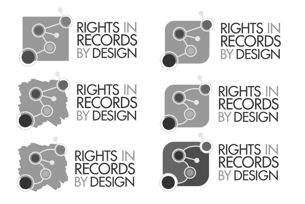 Refined greyscale logo variations based on selected 'Rights in Records by Design' concept.