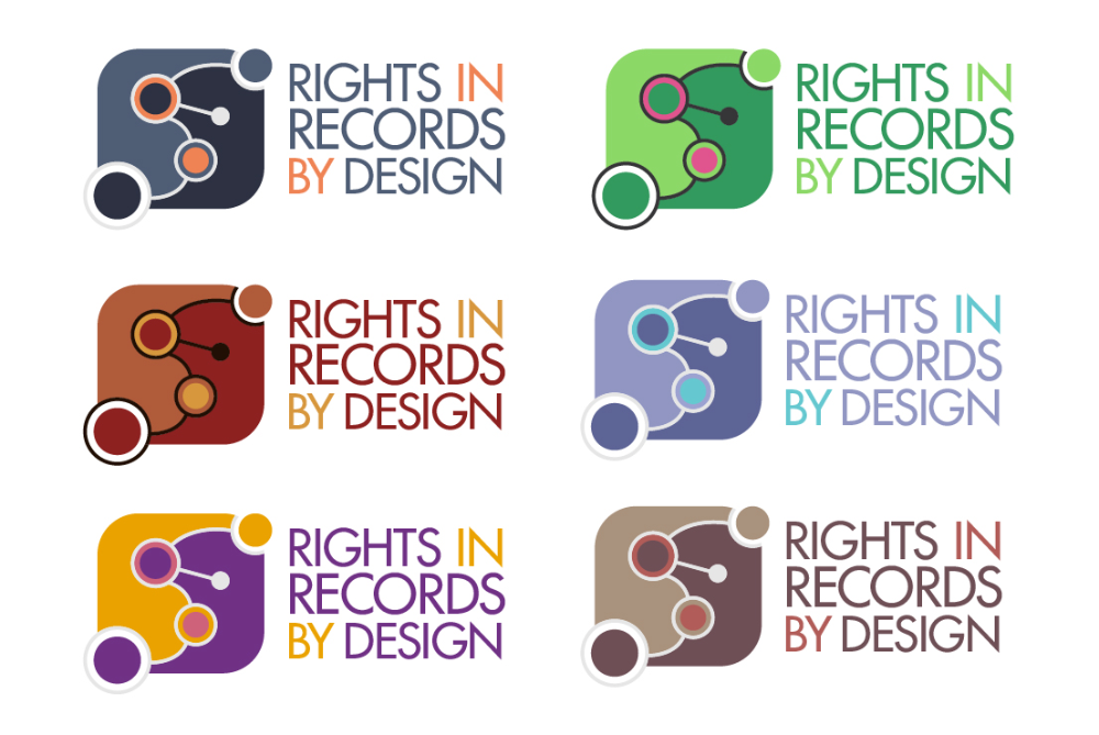 Colour variations of the refined 'Rights in Records by Design' logo.