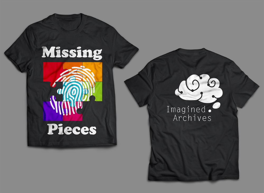Shirt mockup: front with thumbprint puzzle graphic and type reading 'Missing Pieces', back with brain-cloud logo above 'Imagined Archives' text.