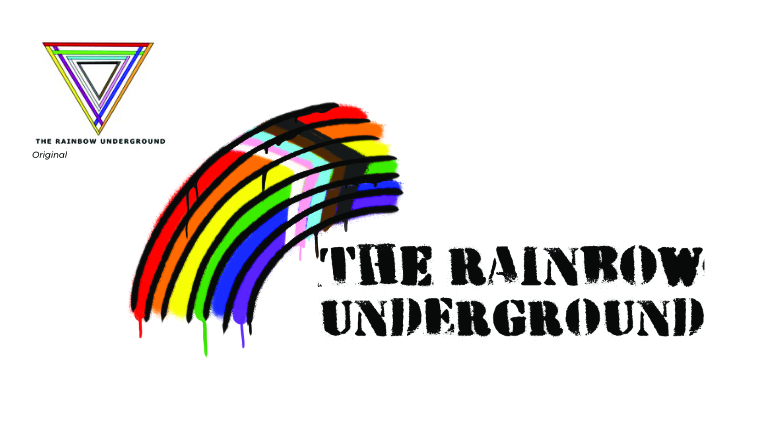 A logo of a spray-painted rainbow with the progress pride flag arrow through it, next to spray painted letters that read 'rainbow underground'. The original logo is shown beside it for comparison.