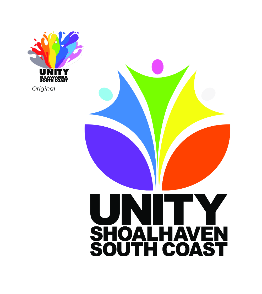 A logo of a stylised flower with people as the petals and stamens above the words 'Unity Shoalhaven South Coast'. The original logo is shown beside it for comparison.