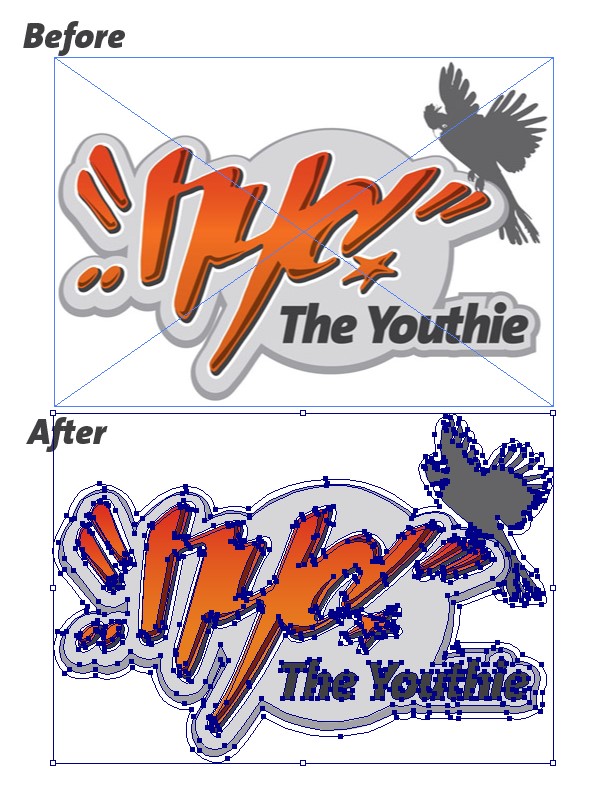 A second before and after, exposing the difference in a vector graphics editor like Adobe Illustrator, showing the first logo is a flat raster image, and the second is a vector image constructed from hundreds of bezier curves.