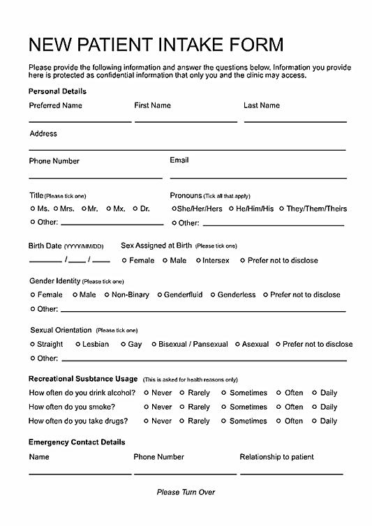 The first page of a new patient intake form.