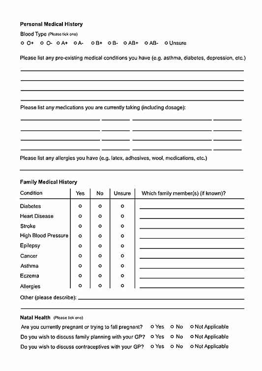 The second page of a new patient intake form.