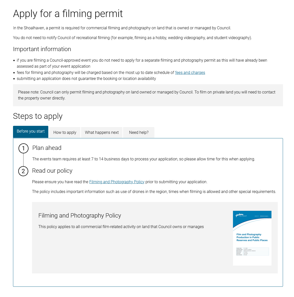 A screenshot of a service page for applying for a filming permit with Shoalhaven City Council.