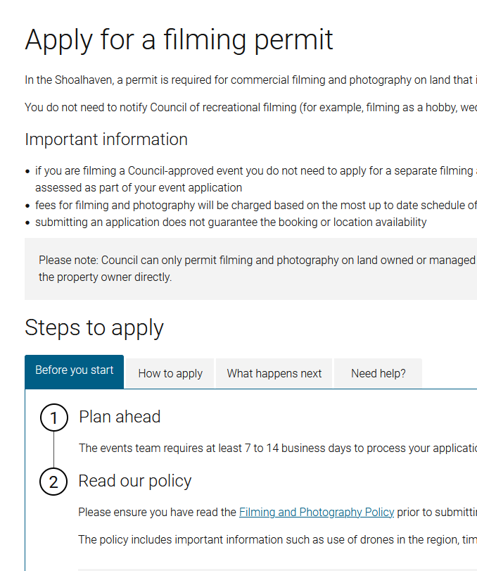 A cropped screenshot of a web page showing how to apply for a filming permit.