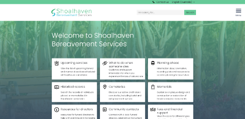 A screenshot of the home page of the Shoalhaven Bereavement Services website.