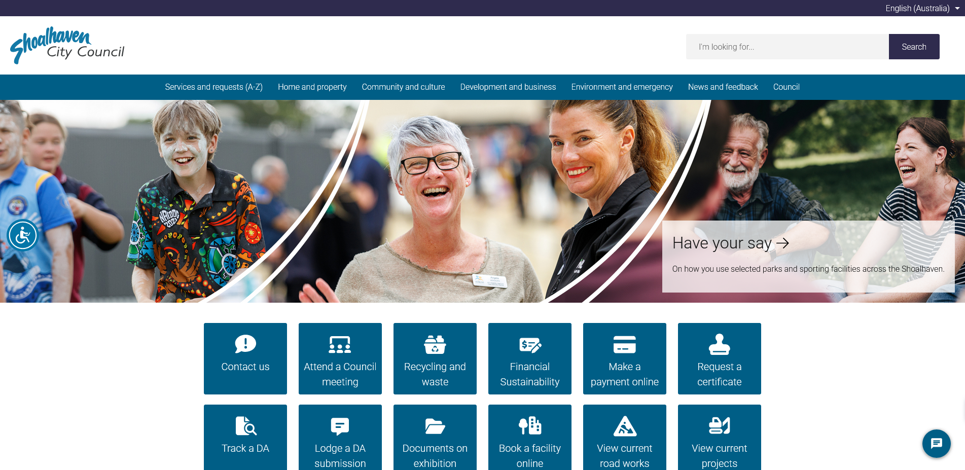 A screenshot of the home page of the Shoalhaven City Council website.