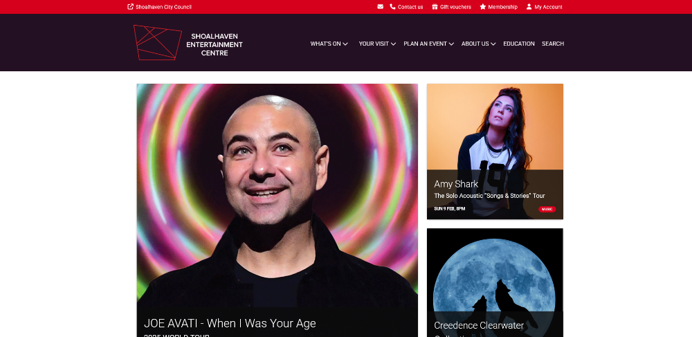 A screenshot of the home page of the Shoalhaven Entertainment Centre website.